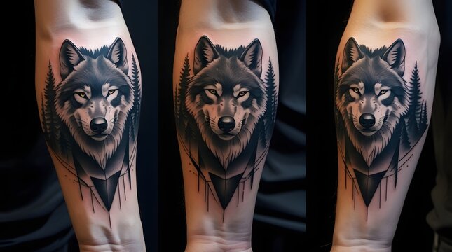 Forearm tattoo with realistic wolf and forest silhouette