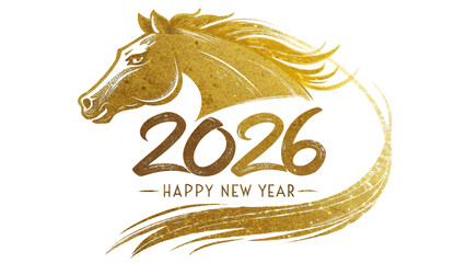 Golden horse head with "2026" and "HAPPY NEW YEAR" text, elegant design for New Year celebration or Year of the Horse festival, symbolizing prosperity and good fortune.