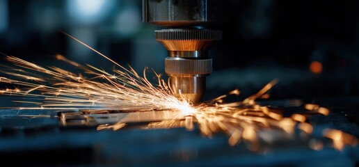 Laser machine cutting metal sheet with precision, generating bright sparks in a manufacturing environment