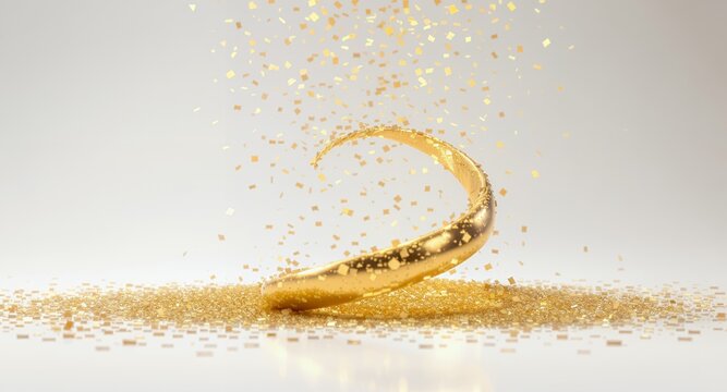 Golden confetti swirling around a gleaming metallic spiral