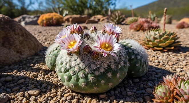 Blooming Cactus in Desert Garden - A Close-Up View.