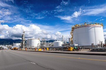 Obraz premium Industrial oil refinery with storage tanks and complex piping, representing petrochemical industry and energy production