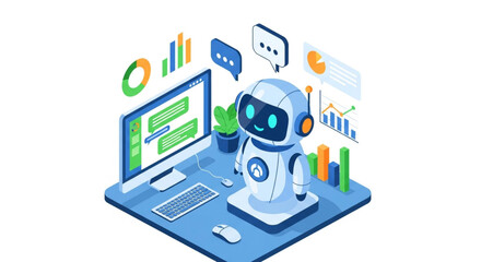 Obraz premium Isometric illustration of a chatbot, computer, and various data charts, representing artificial intelligence in business