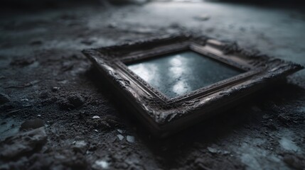 A broken ornate picture frame lies on a dusty desolate floor evoking a sense of loss and forgotten memories