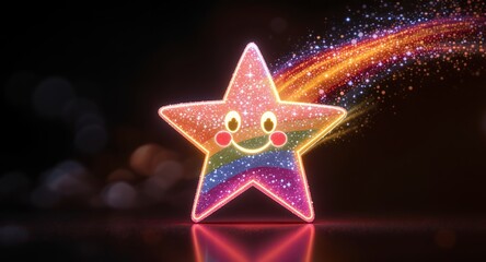 Happy Smiling Rainbow Star with Sparkle Trail and Bokeh Lights