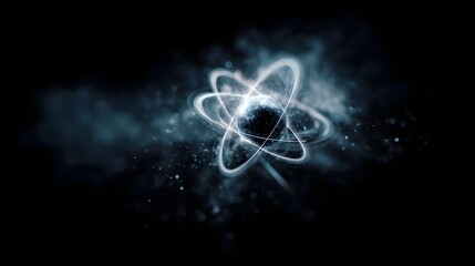 Abstract glowing atom model with luminous electrons in orbit against a dark smoky background symbolizing science and energy