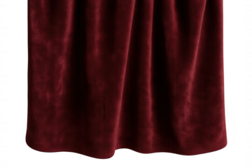Red velvet draped curtain fabric with elegant folds, transparent background for design and luxury concepts