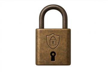 Naklejka premium Bronze padlock locking mechanism with shield icon and keyhole, representing data security and digital protection