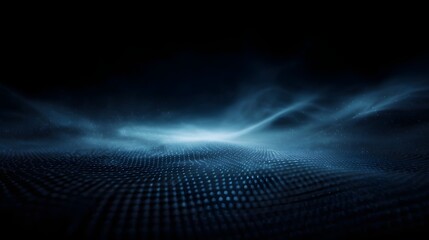 Abstract digital landscape with glowing blue light and a flowing energy wave over a grid pattern