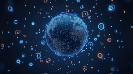 Digital Globe with Floating Social Media Icons and Data Symbols in Blue and Orange