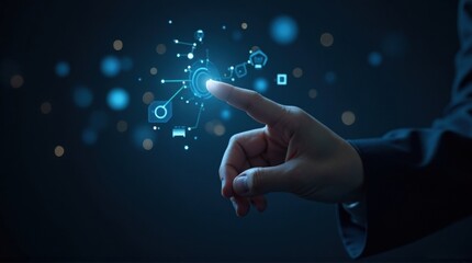 Business Person Touching Digital Interface with Futuristic Technology Icons