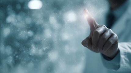 A scientist in a lab coat touches a glowing point on a futuristic interface displaying molecular structures and particles