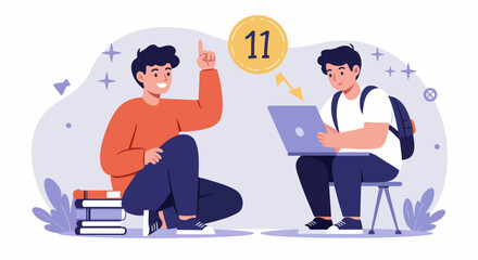 Two students engaged in learning, with one pointing to a concept (number 11) while the other uses a laptop, representing online education or tutoring.