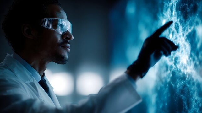 Focused scientist in protective goggles interacts with a glowing blue digital interface pointing at complex data in a futuristic laboratory setting