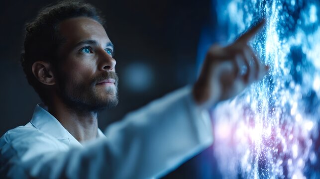A scientist in a lab coat interacts with a glowing digital display showing complex data