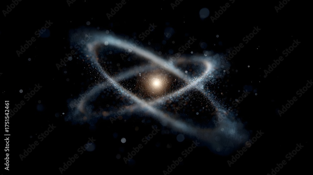 Wall mural abstract visualization of an atom with a bright nucleus and glowing particle orbits swirling in cosm