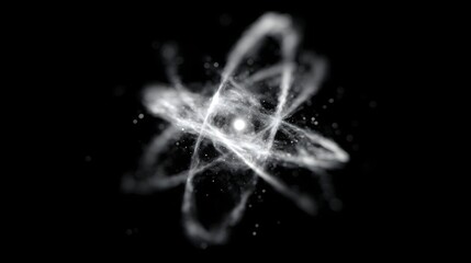 Abstract visualization of a glowing atom featuring a bright nucleus and dynamic luminous orbits representing subatomic particles in space