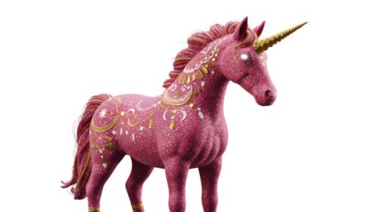 Pink, glitter unicorn statue shines, ideal for fantasy branding, childrens marketing, fairytale video background.