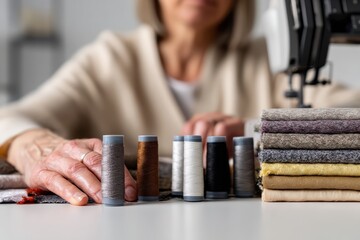 Woman's hands and sewing machine surrounded by fabric swatches, spools of thread, and tailoring supplies, representing craft and hobby