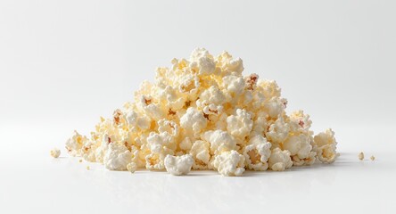 Pile of freshly popped popcorn on a white background