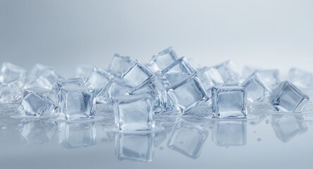 Pile of Clear Ice Cubes Melting on a Reflective Surface