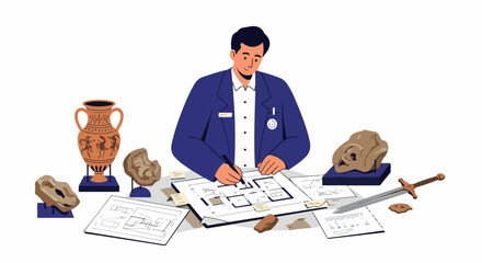 Archaeologist studying ancient artifacts and blueprints, meticulously documenting historical discoveries and excavation plans in a dedicated research environment.