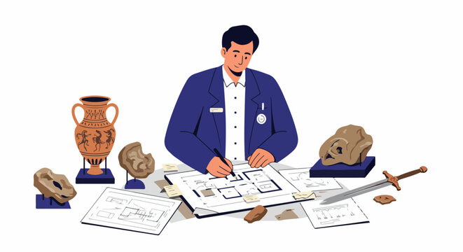 Archaeologist studying ancient artifacts and blueprints, meticulously documenting historical discoveries and excavation plans in a dedicated research environment.