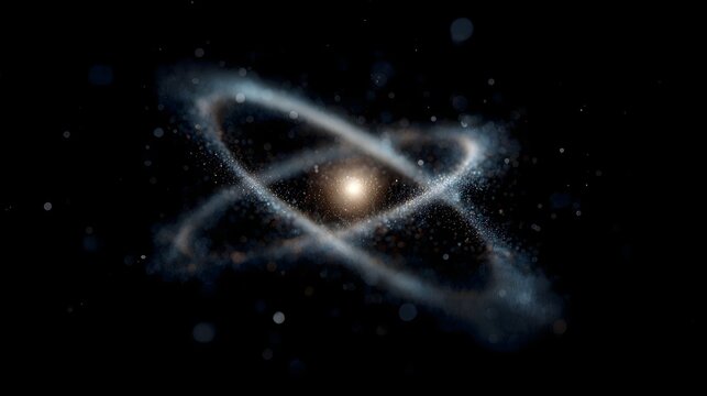 Abstract visualization of an atom with a bright nucleus and glowing particle orbits swirling in cosmic space against a dark backdrop