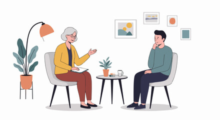 Illustration of a psychotherapy session, where a female psychologist actively listens and counsels a male patient in a comforting office setting.