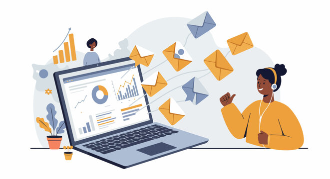 Smiling professional manages successful email marketing campaigns and analyzes performance data on a laptop, illustrating digital communication strategy and business growth.