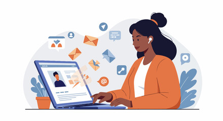 Professional young woman efficiently managing digital communication and social media on her laptop, surrounded by icons representing online connectivity and networking in a modern, flat illustration.