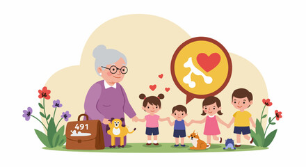 Elderly woman with four happy children and pets, promoting bone health and family connections in a vibrant illustration.