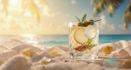 Refreshing Cocktail with Olives and Lemon on a Tropical Beach at Sunset
