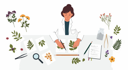Botanist or scientist examining and cataloging pressed plant specimens for a herbarium, surrounded by various floral and leafy samples and scientific tools.