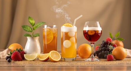 Refreshing Cold Beverages and Fresh Fruit Assortment