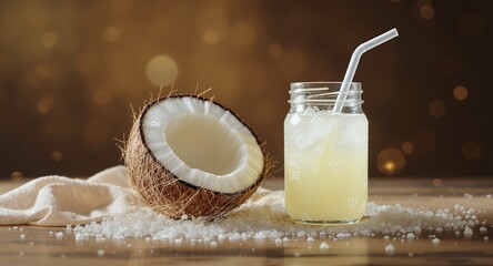Refreshing Coconut Drink with Ice and Coconut Half on Wooden Surface with Bokeh Background