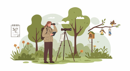 Outdoor birdwatching scene with a person using binoculars and a telescope, studying various birds near feeders and a birdhouse. Nature observation illustration.