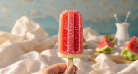 Refreshing Watermelon Popsicle and Slices on a Summer Day