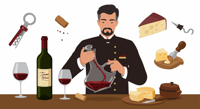 Sommelier Decanting Red Wine with Gourmet Cheese and Wine Accessories Illustration