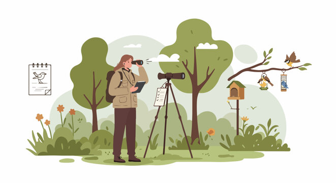 Outdoor birdwatching scene with a person using binoculars and a telescope, studying various birds near feeders and a birdhouse. Nature observation illustration.
