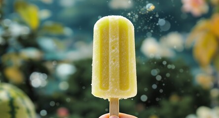 Refreshing Yellow Frozen Treat on a Stick, Summer Sweetness, Cool Dessert Outdoors