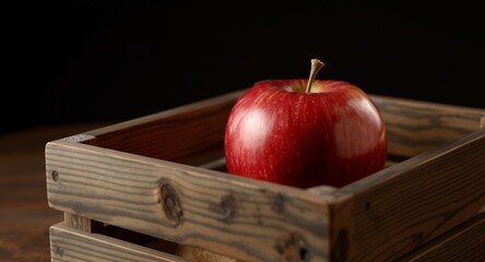 Ripe Red Apple in Wooden Crate