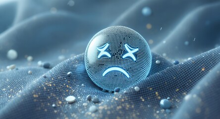 Sad Face Emoji Sphere on Digital Fabric Landscape