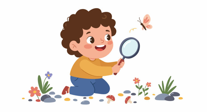 Curious cartoon boy exploring nature with a magnifying glass, observing a butterfly among flowers and mushrooms, symbolizing childhood discovery and learning.