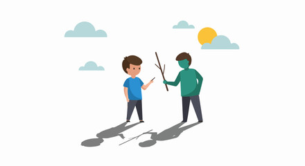 Imagination at play: a green-skinned character and another boy interact with sticks under a sunny, cloudy sky, casting long shadows, symbolizing diverse interaction.