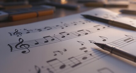 Sheet Music with Notes and Pens, Creative Process, Composition Idea