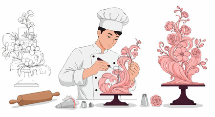 Skilled male chef meticulously decorates an elegant cake with intricate pink floral sugar art, showcasing expert confectionery skills and gourmet baking craftsmanship.