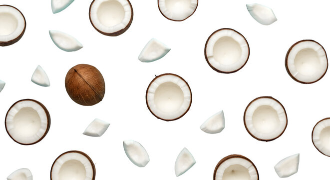 Coconuts float on black, food photography, product showcase