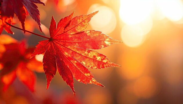Close up of a bright red maple leaf with sunlight shining through it at sunset with bokeh background