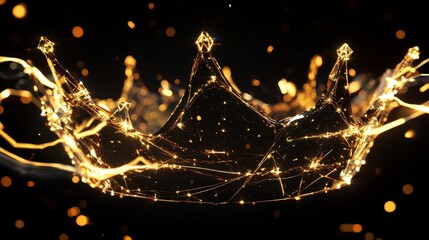 dynamic perspective of a fragmented gold crown mid-reassembly, glowing vertex points connected by glowing lines, stark black background emphasizing the crown-s futuristic power concept